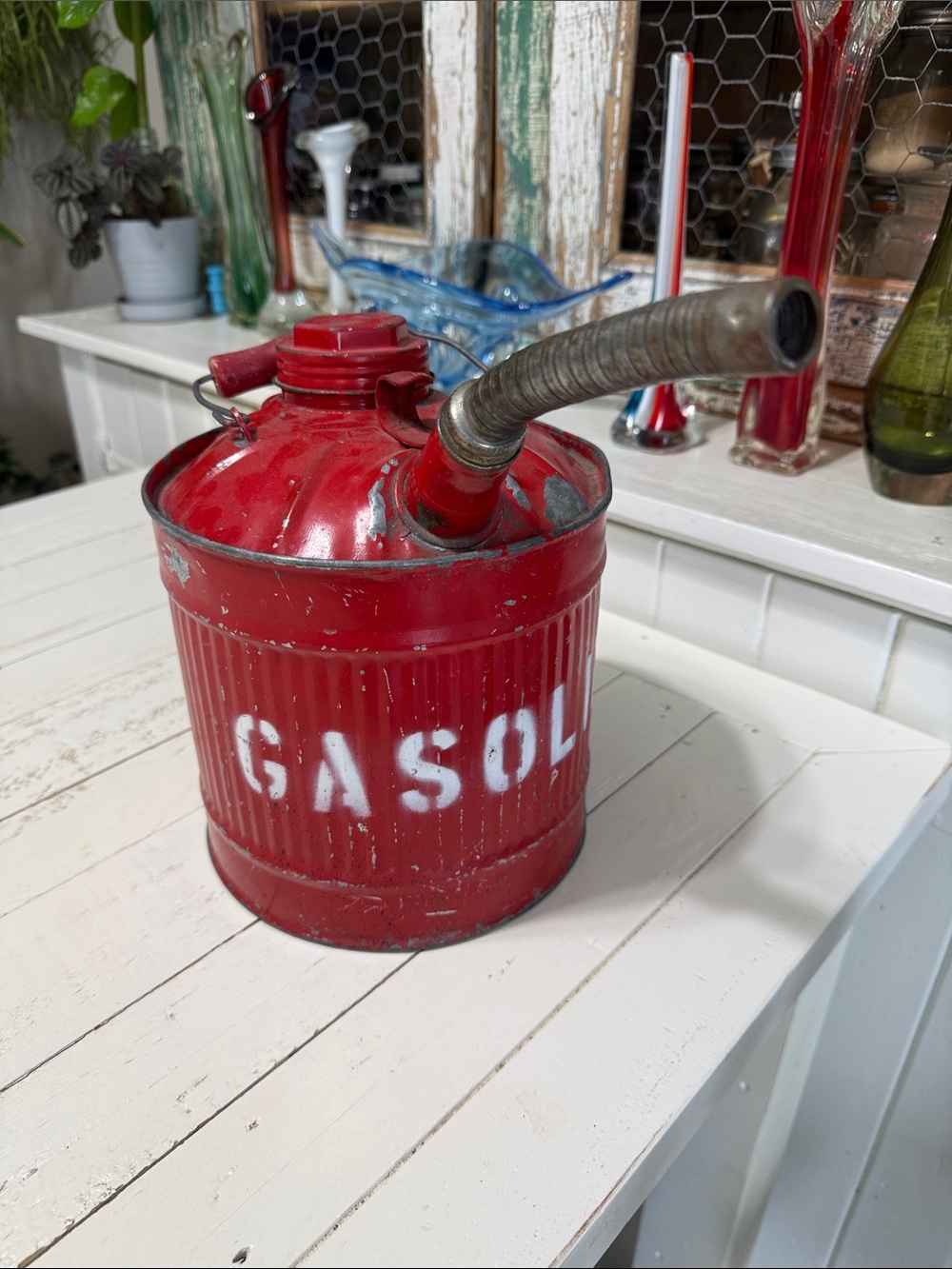 Vintage Red Metal Gas Can with Hose
